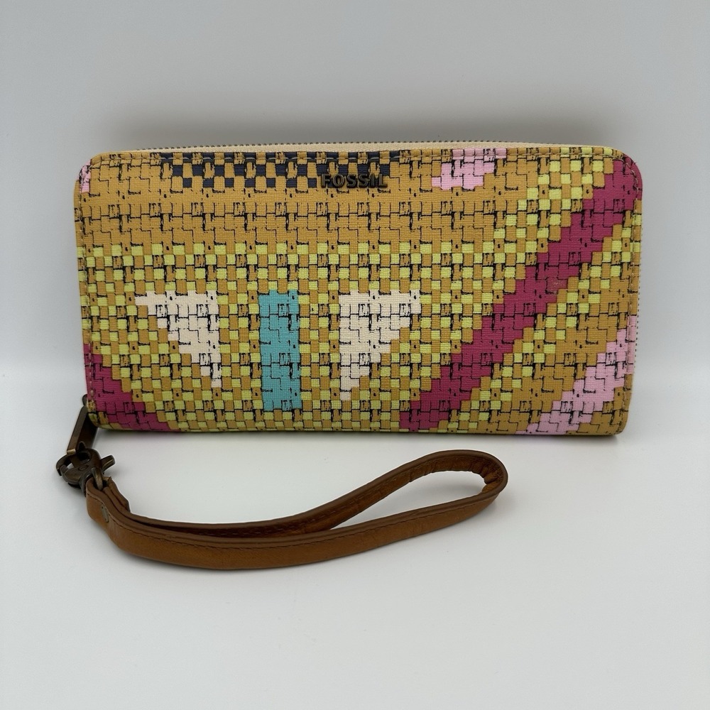 FOSSIL Coated Canvas Bright Digital Woven‎ Zip Around Wallet Wristlet Clutch
